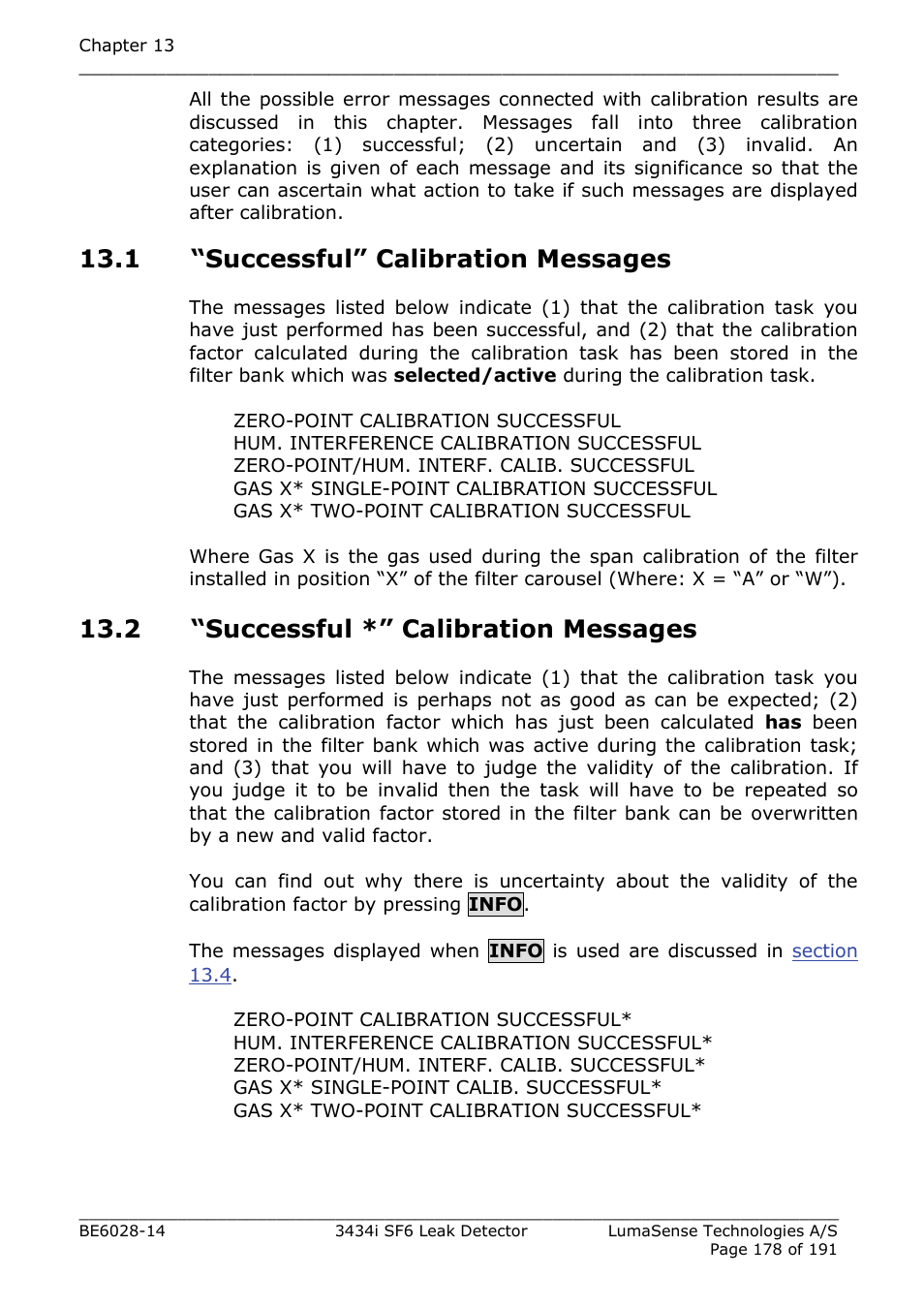 1 “successful” calibration messages, 2 “successful *” calibration messages | LumaSense Technologies 3434i SF6 Leak Detector User Manual | Page 178 / 191