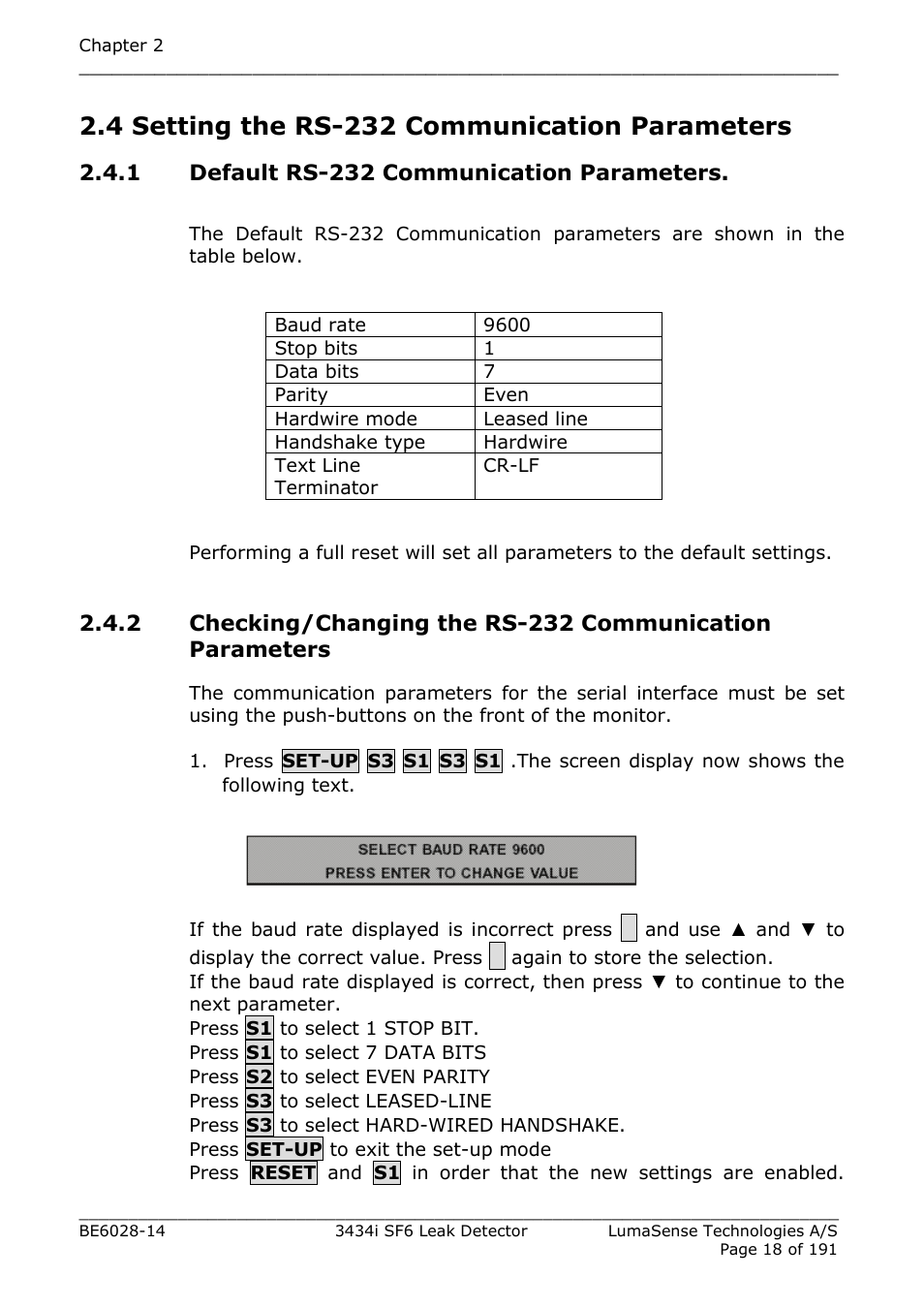 4 setting the rs-232 communication parameters, 1 default rs-232 communication parameters, Section 2.4 | LumaSense Technologies 3434i SF6 Leak Detector User Manual | Page 18 / 191