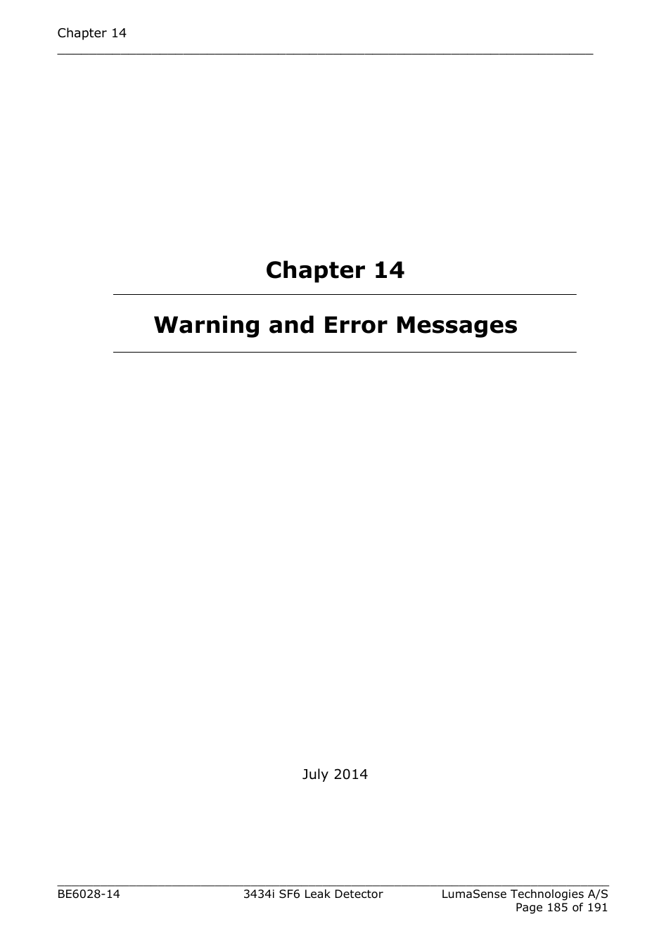 Chapter 14 warning and error messages, Chapter 14 | LumaSense Technologies 3434i SF6 Leak Detector User Manual | Page 185 / 191