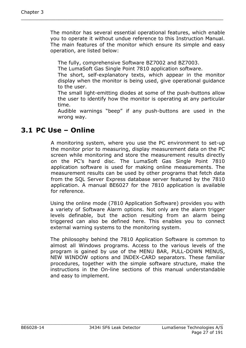 1 pc use – online | LumaSense Technologies 3434i SF6 Leak Detector User Manual | Page 27 / 191