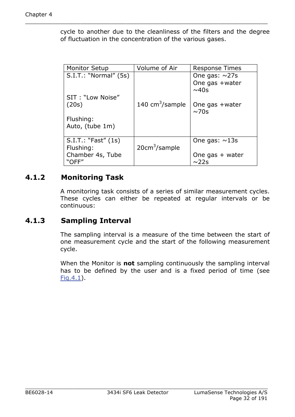 2 monitoring task, 3 sampling interval | LumaSense Technologies 3434i SF6 Leak Detector User Manual | Page 32 / 191