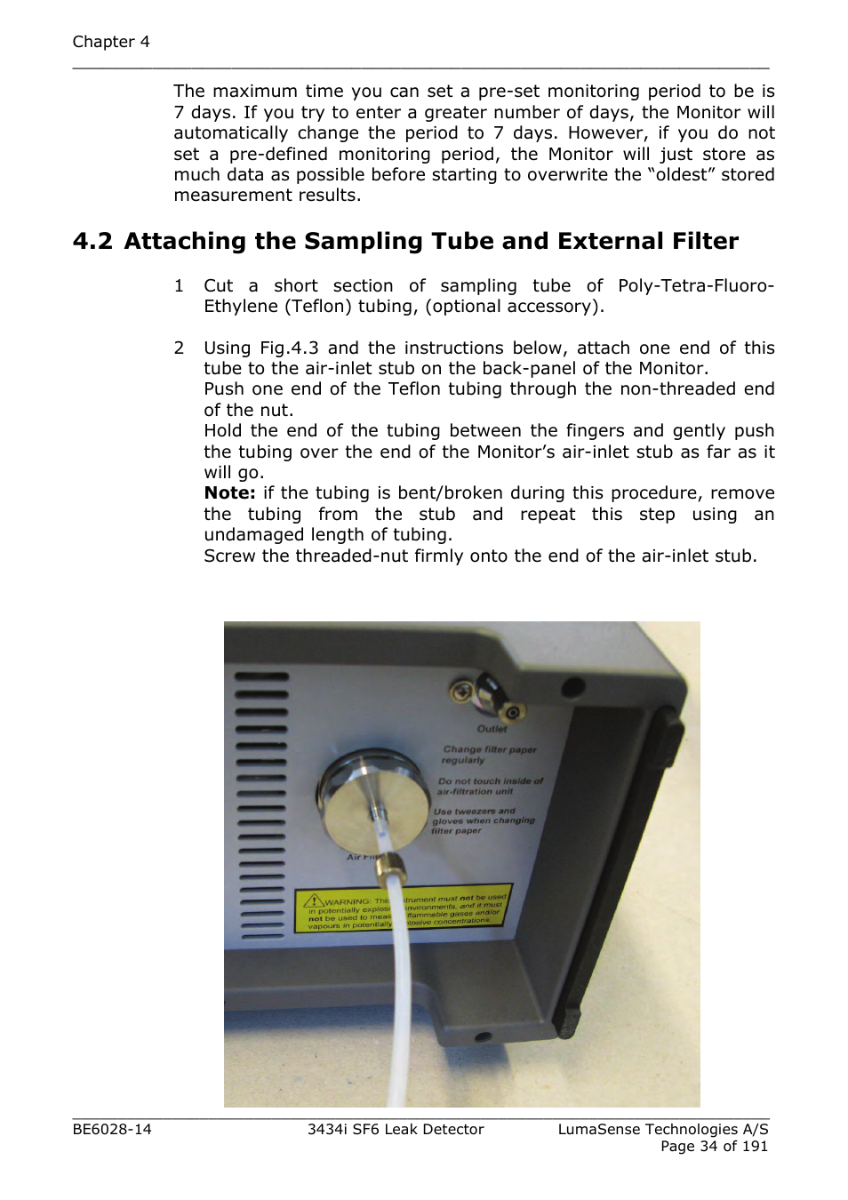 2 attaching the sampling tube and external filter | LumaSense Technologies 3434i SF6 Leak Detector User Manual | Page 34 / 191