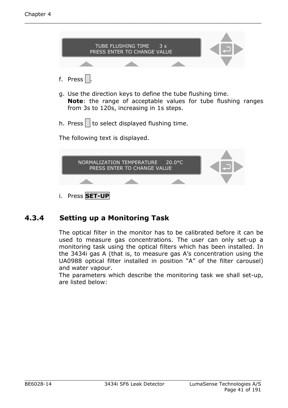 4 setting up a monitoring task | LumaSense Technologies 3434i SF6 Leak Detector User Manual | Page 41 / 191