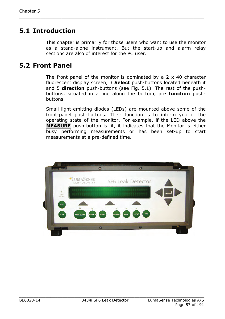1 introduction, 2 front panel | LumaSense Technologies 3434i SF6 Leak Detector User Manual | Page 57 / 191