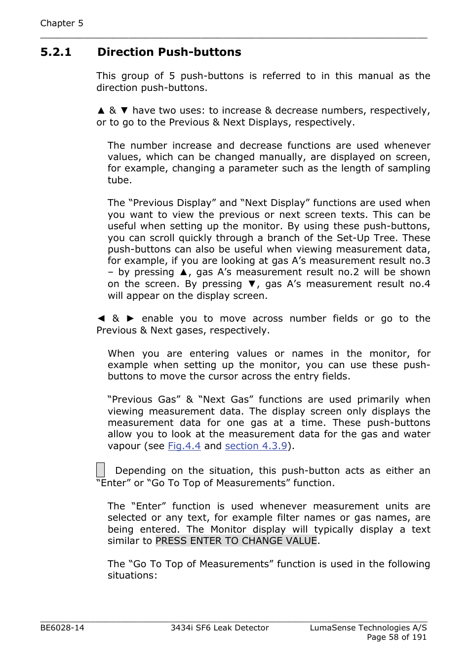 1 direction push-buttons | LumaSense Technologies 3434i SF6 Leak Detector User Manual | Page 58 / 191