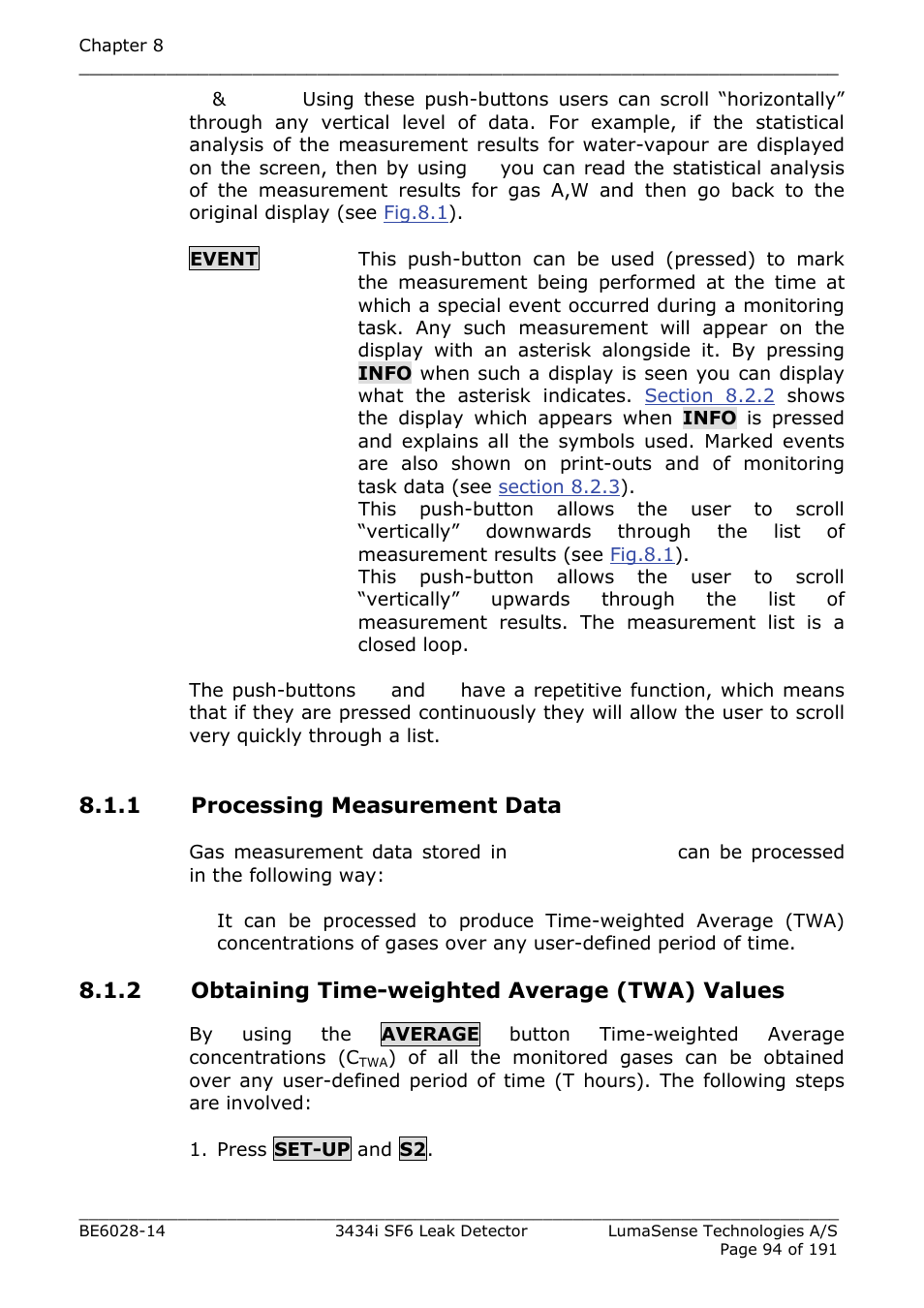 1 processing measurement data, 2 obtaining time-weighted average (twa) values | LumaSense Technologies 3434i SF6 Leak Detector User Manual | Page 94 / 191