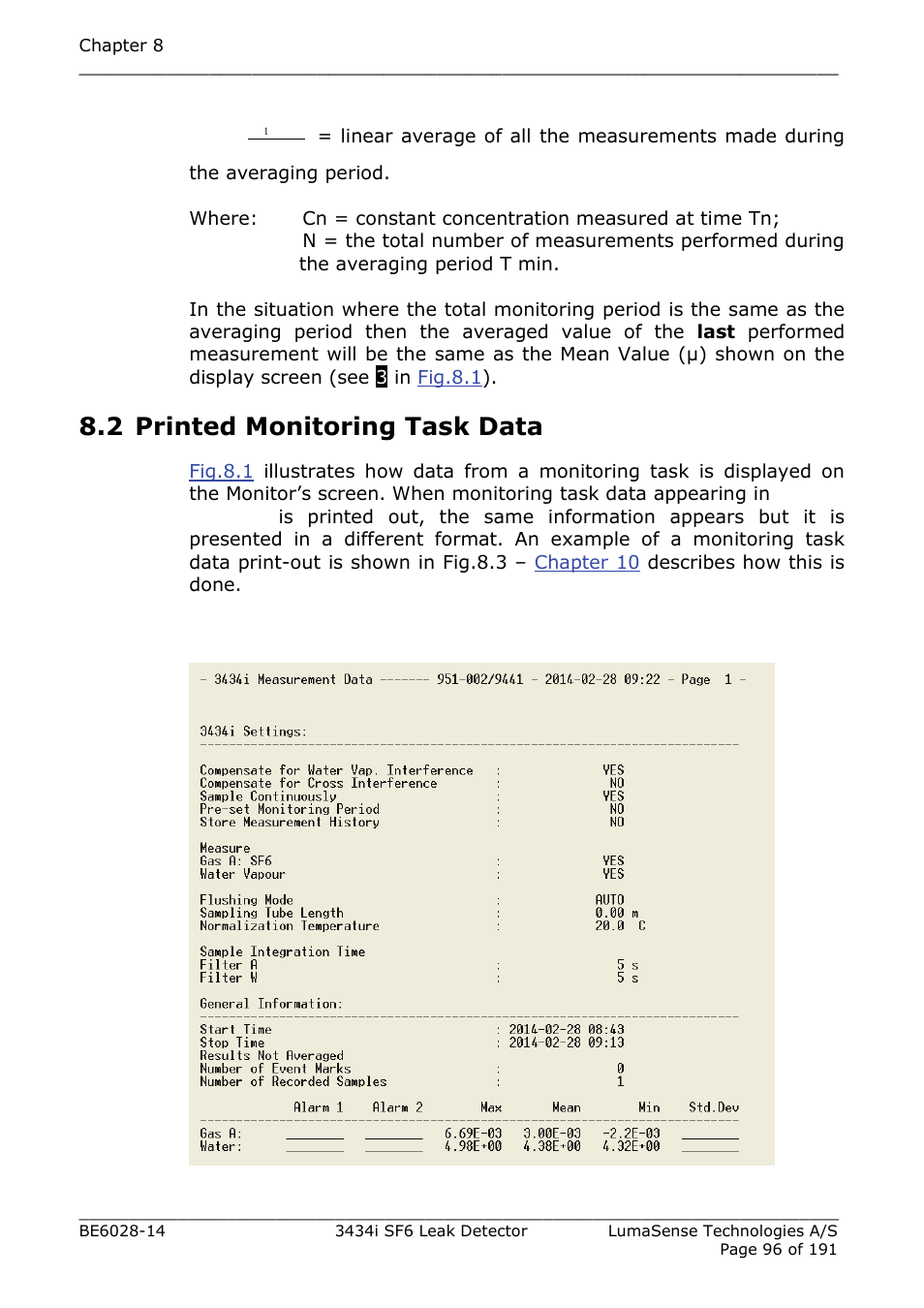 2 printed monitoring task data | LumaSense Technologies 3434i SF6 Leak Detector User Manual | Page 96 / 191