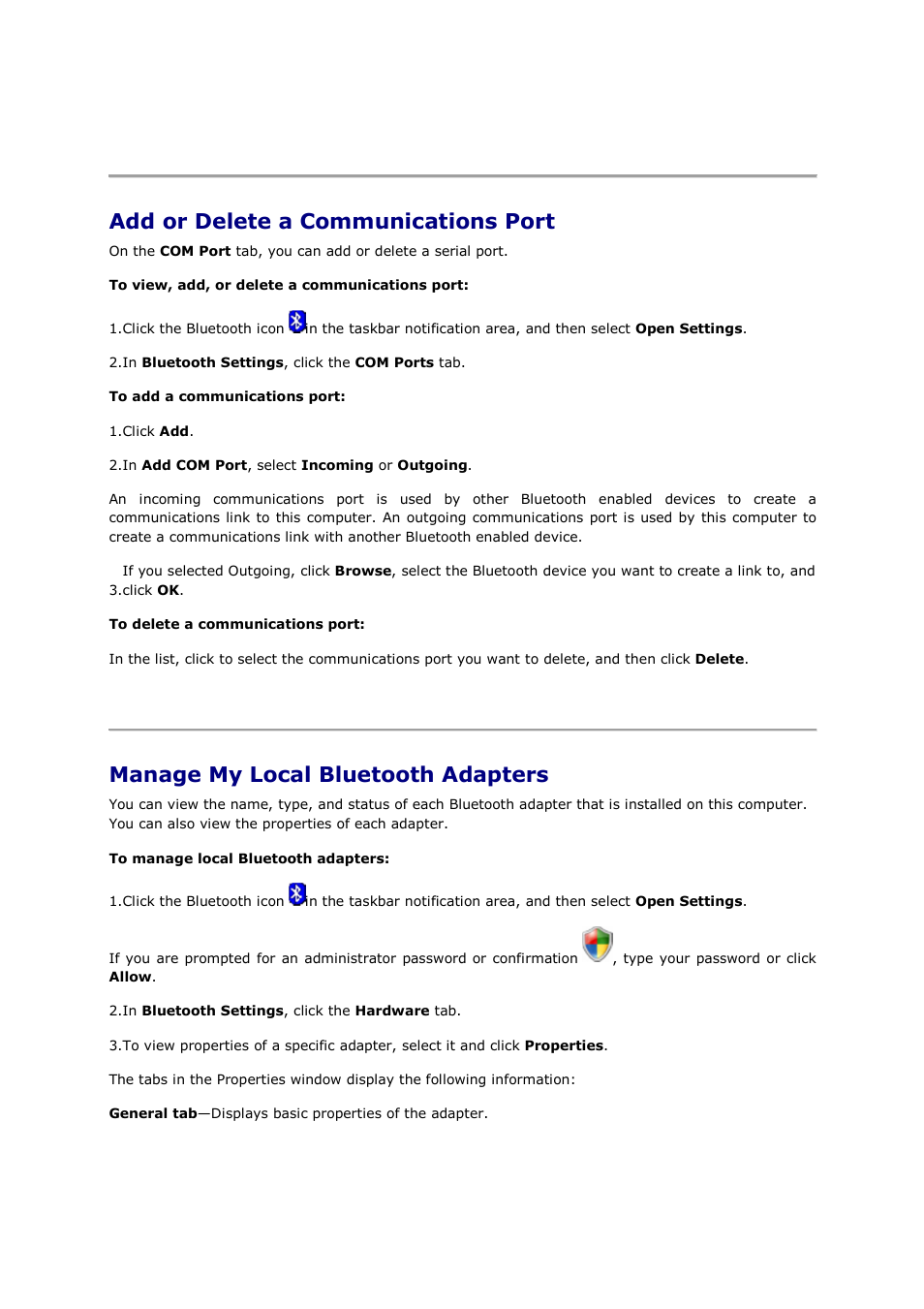 Add or delete a communications port, Manage my local bluetooth adapters | Mediabridge MUA-BA3 Windows Vista / 7 User Manual | Page 58 / 61