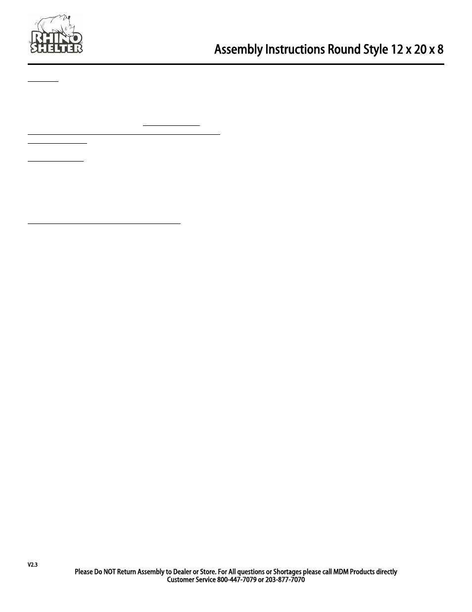 Customer service or installation | Rhino Shelter ROUND-12W X 20L X 8H User Manual | Page 9 / 9