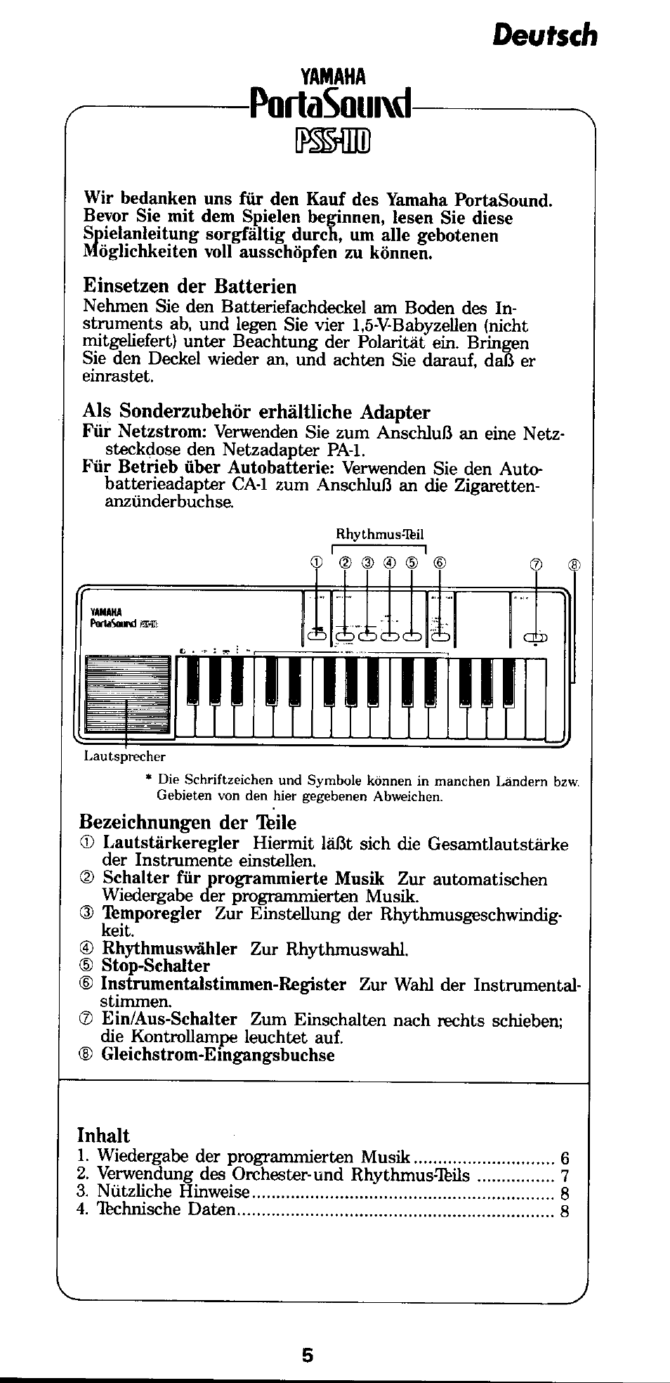 Einsetzen der batterien, Bezeichnungen der ibile, Inhalt | Poflasauixd, Deutsch | Yamaha PSS-110 User Manual | Page 2 / 6