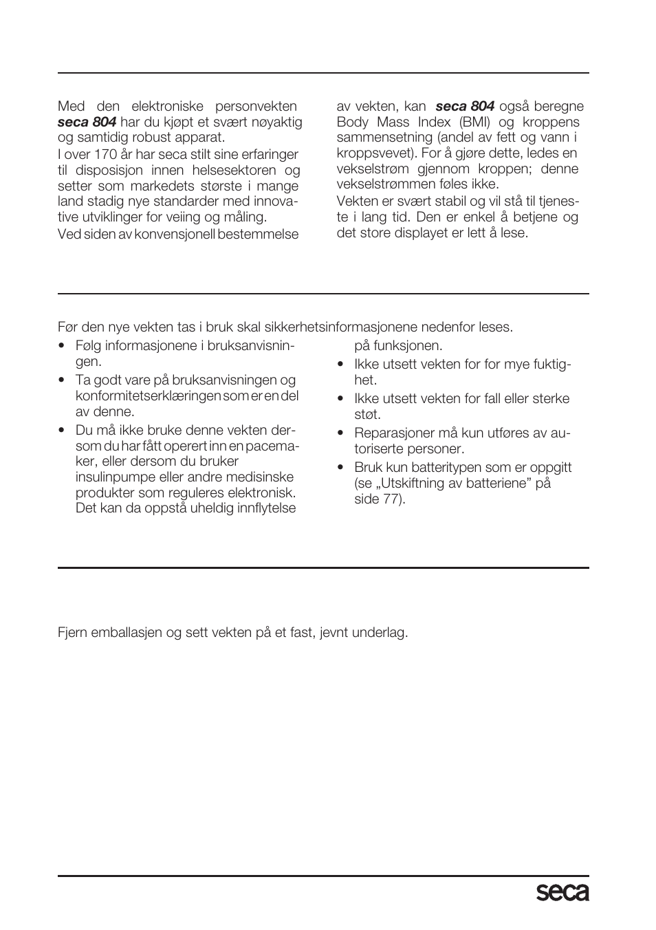 Norsk, Gratulerer, Sikkerhet | Før bruk, Utpakking | Seca 804 User Manual | Page 72 / 166