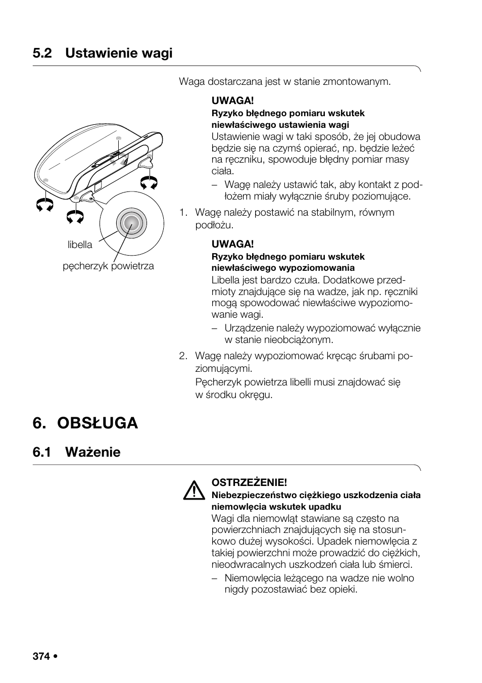 2 ustawienie wagi, Obsługa, 1 ważenie | Wyświetlaczu, Bliczce, Nanie urz, Ie wagi, Enie mo | Seca 376 User Manual | Page 374 / 401