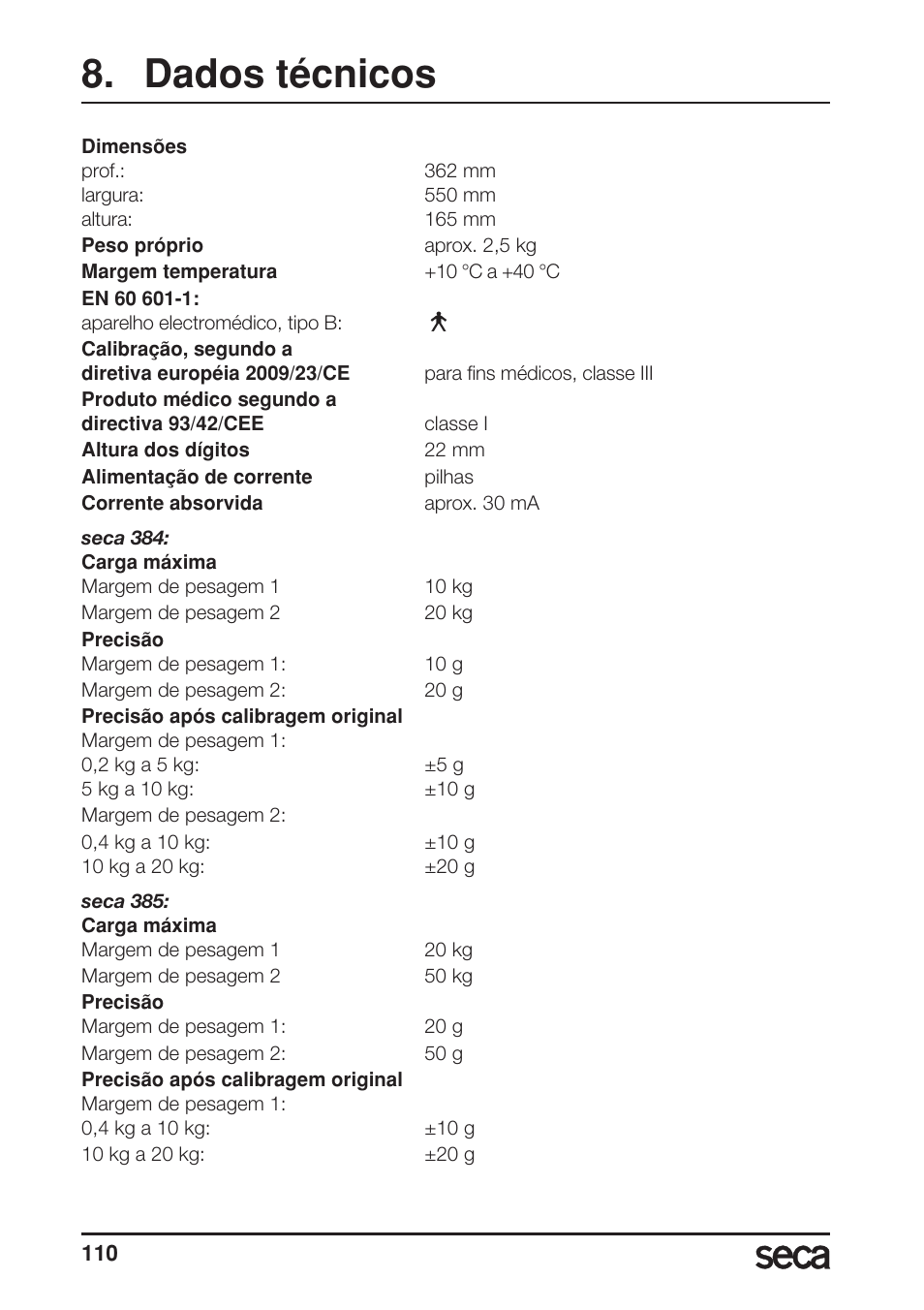 Dados técnicos | Seca 385 User Manual | Page 110 / 136