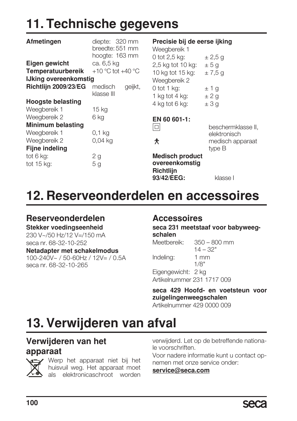 Technische gegevens, Reserveonderdelen en accessoires, Reserveonderdelen | Accessoires, Verwijderen van afval, Verwijderen van het apparaat | Seca 717A User Manual | Page 100 / 136