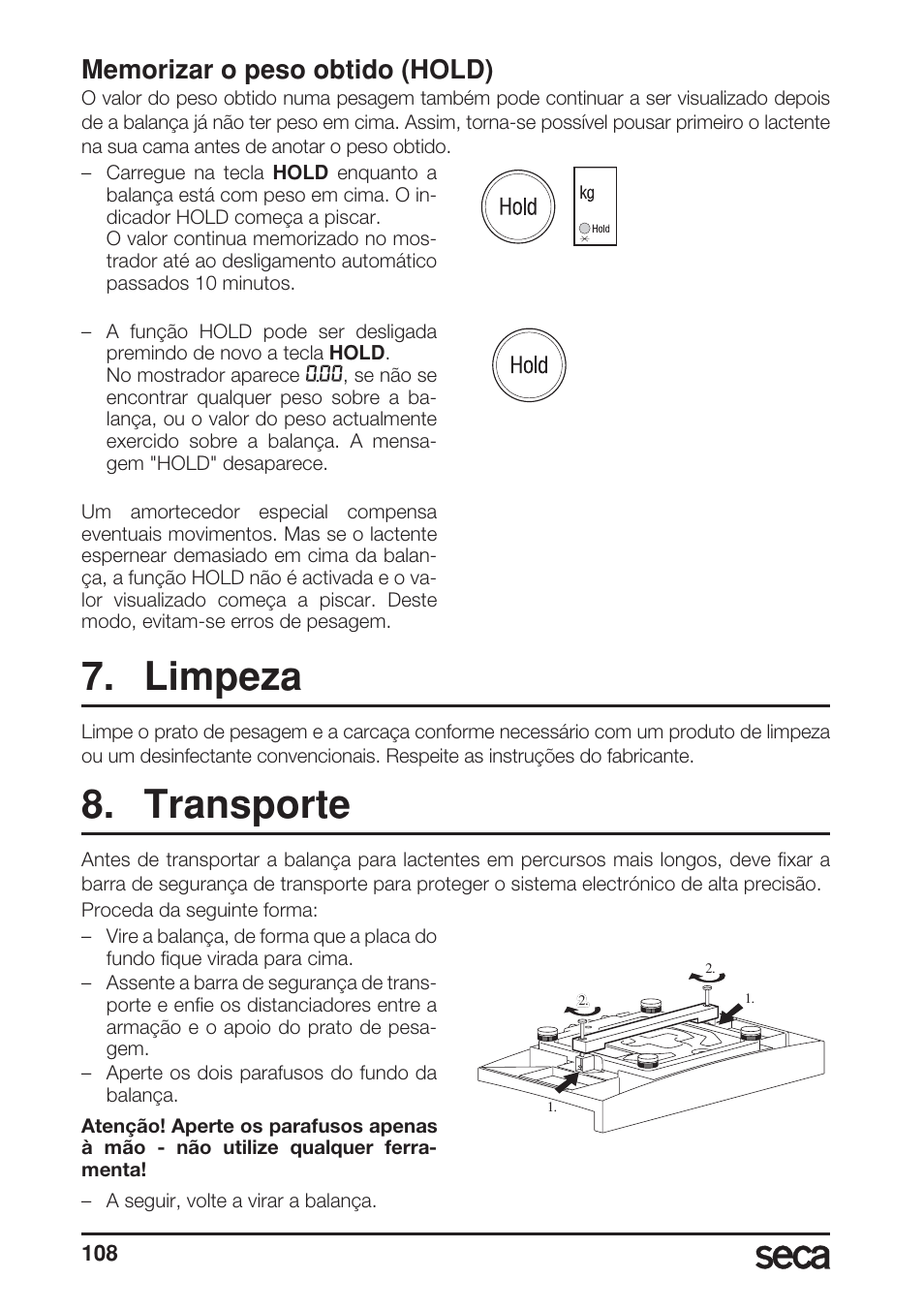 Memorizar o peso obtido (hold), Limpeza, Transporte | Seca 717A User Manual | Page 108 / 136