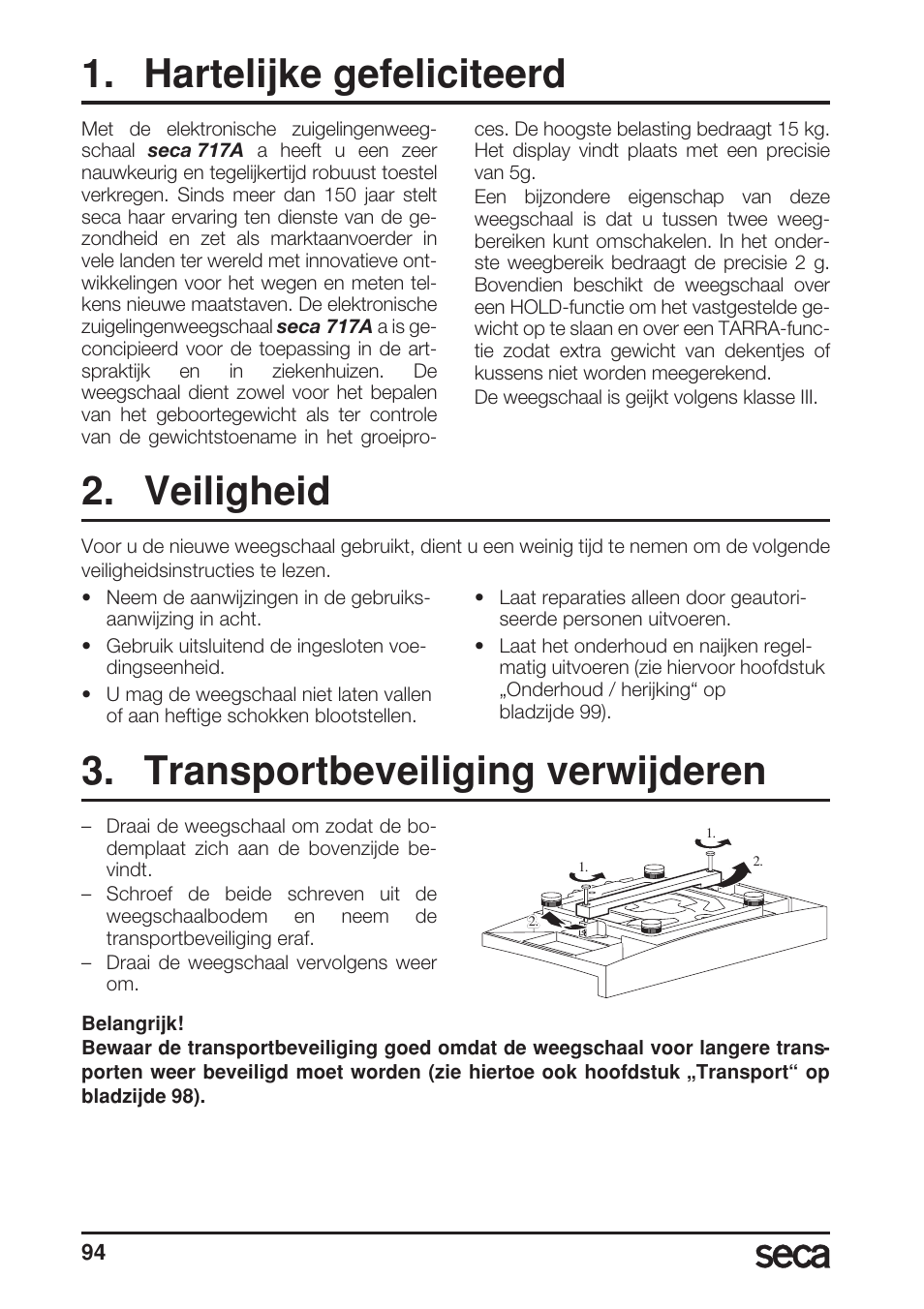 Hartelijke gefeliciteerd, Veiligheid, Transportbeveiliging verwijderen | Seca 717A User Manual | Page 94 / 136