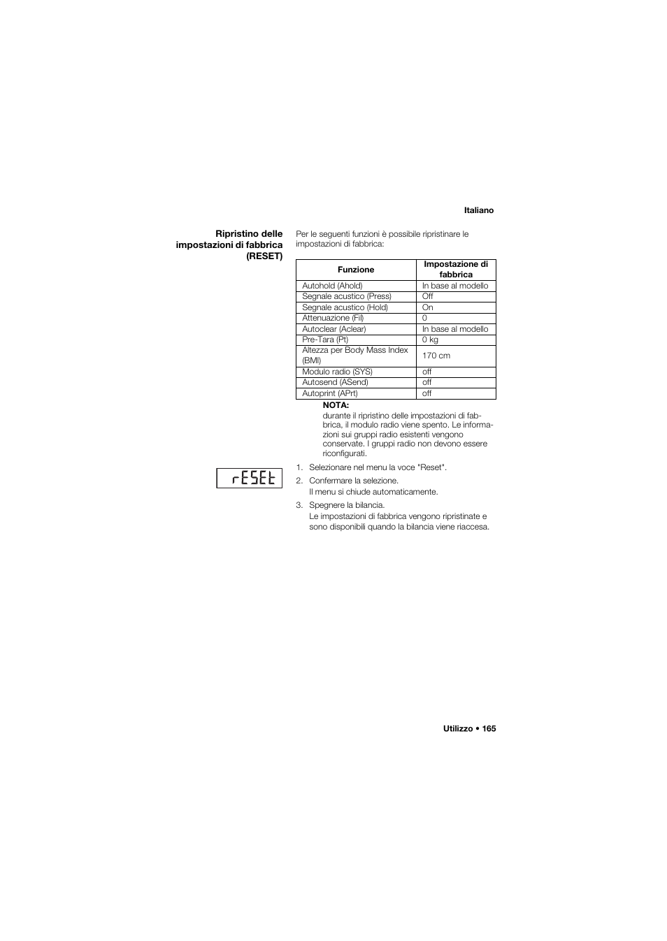 Ripristino delle impostazioni di fabbrica (reset) | Seca 959 User Manual | Page 165 / 317