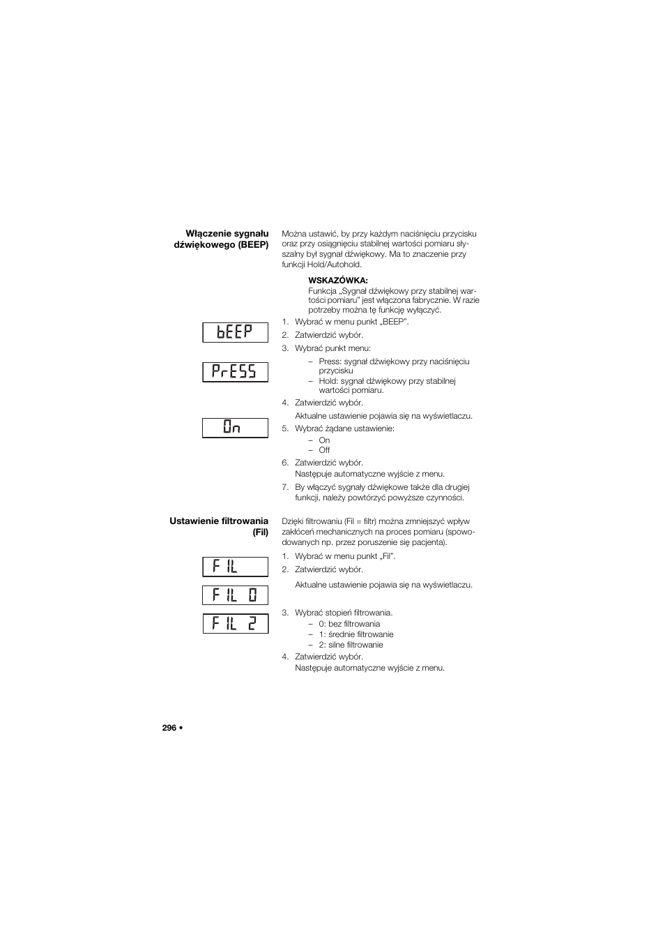 Włączenie sygnału dźwiękowego (beep), Ustawienie filtrowania (fil) | Seca 959 User Manual | Page 296 / 317