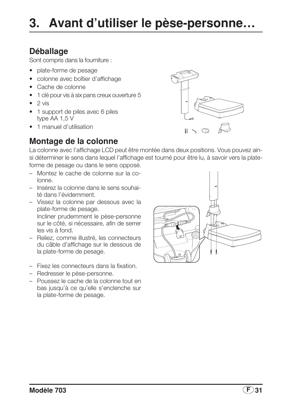 Avant d’utiliser le pèse-personne, Déballage, Montage de la colonne | Seca 703 User Manual | Page 31 / 102