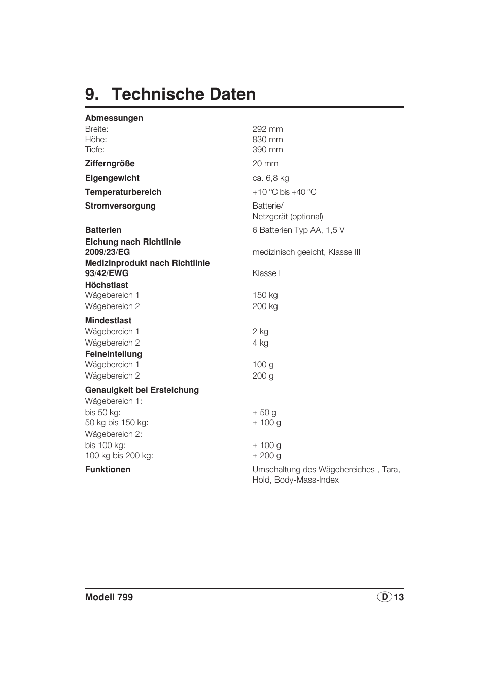 Technische daten | Seca 799 User Manual | Page 13 / 162