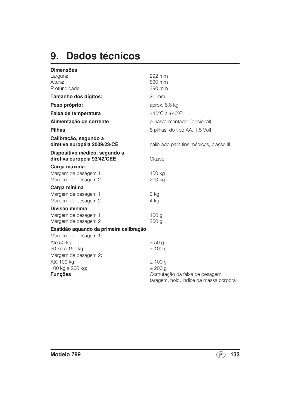 Dados técnicos | Seca 799 User Manual | Page 133 / 162
