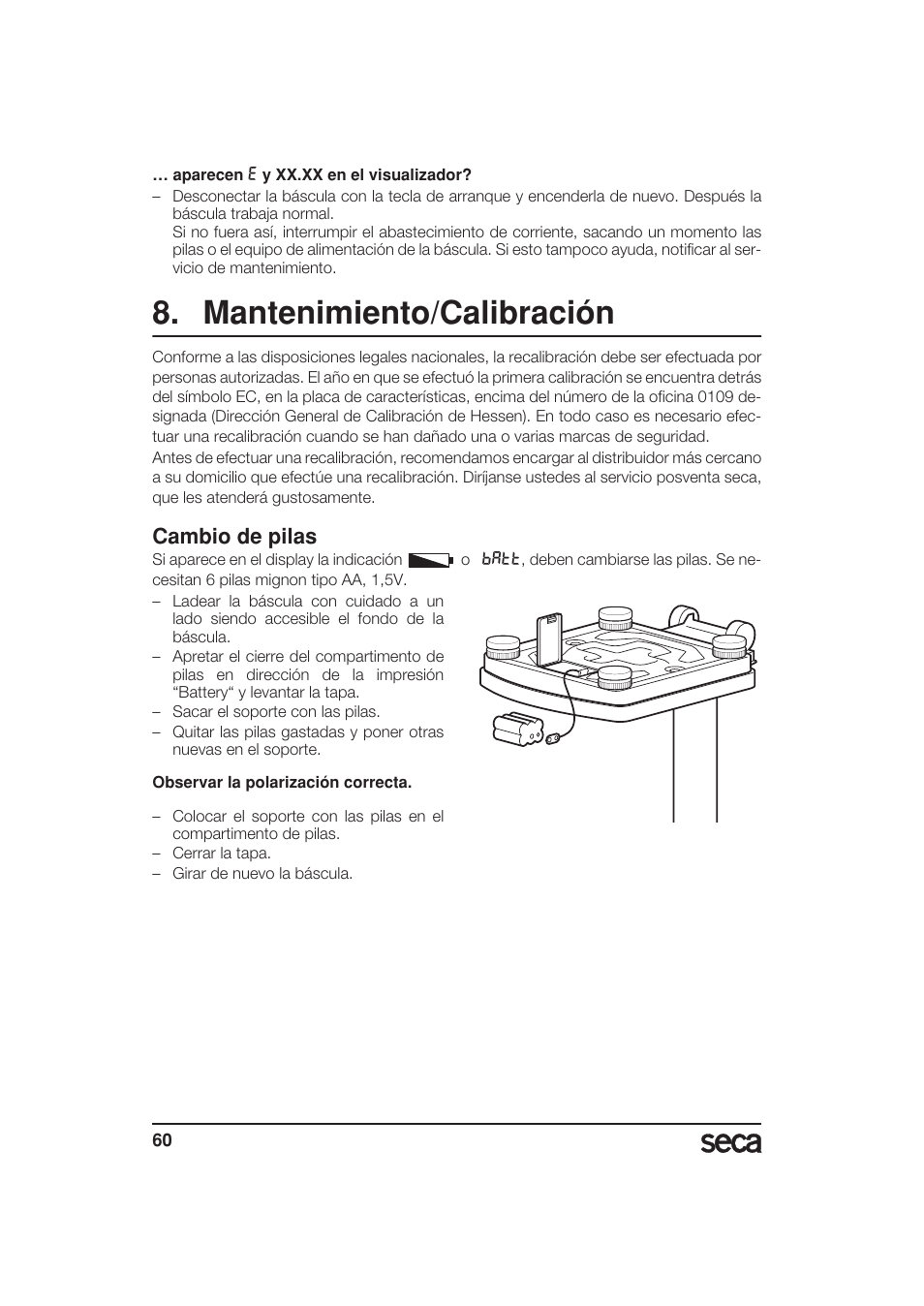 Mantenimiento/calibración, Cambio de pilas | Seca 799 User Manual | Page 60 / 162