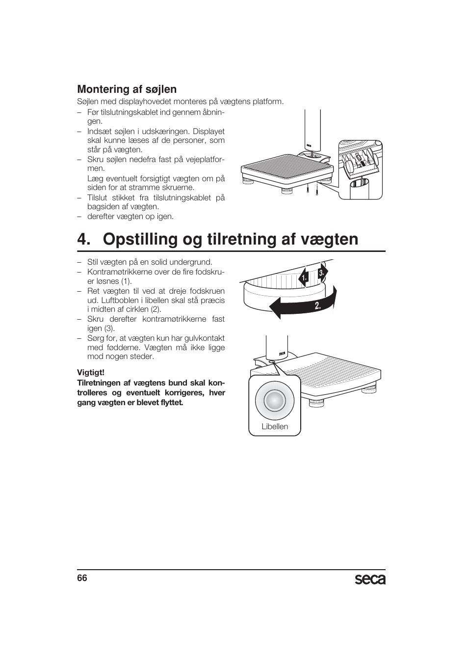 Montering af søjlen, Opstilling og tilretning af vægten | Seca 799 User Manual | Page 66 / 162