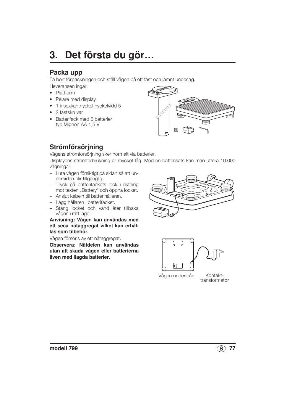 Det första du gör, Packa upp, Strömförsörjning | Seca 799 User Manual | Page 77 / 162