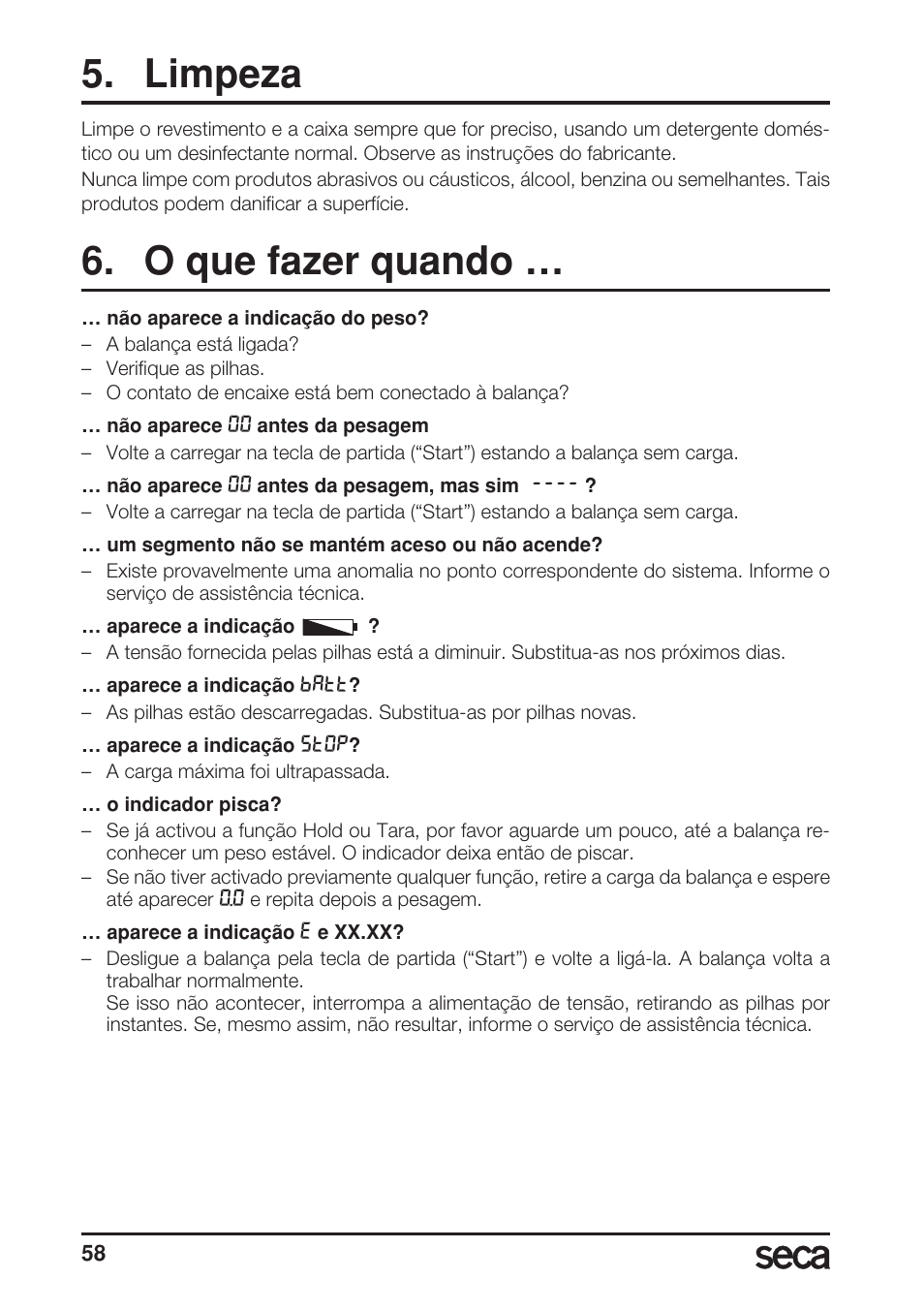 Limpeza, O que fazer quando | Seca 769 User Manual | Page 58 / 76