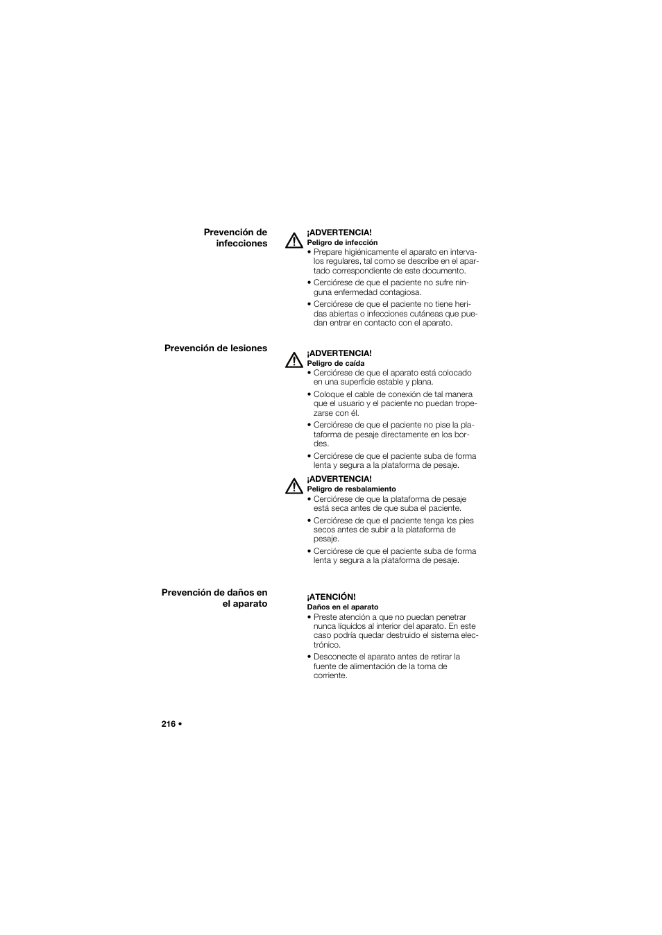 Prevención de infecciones, Prevención de lesiones, Prevención de daños en el aparato | Seca 635 User Manual | Page 216 / 369
