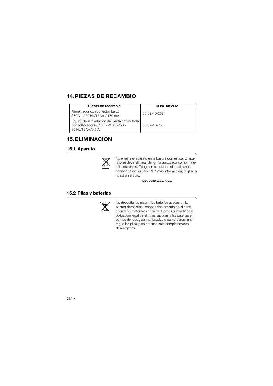 Piezas de recambio, Eliminación, 1 aparato | 2 pilas y baterías, Piezas de recambio 15.eliminación | Seca 635 User Manual | Page 258 / 369