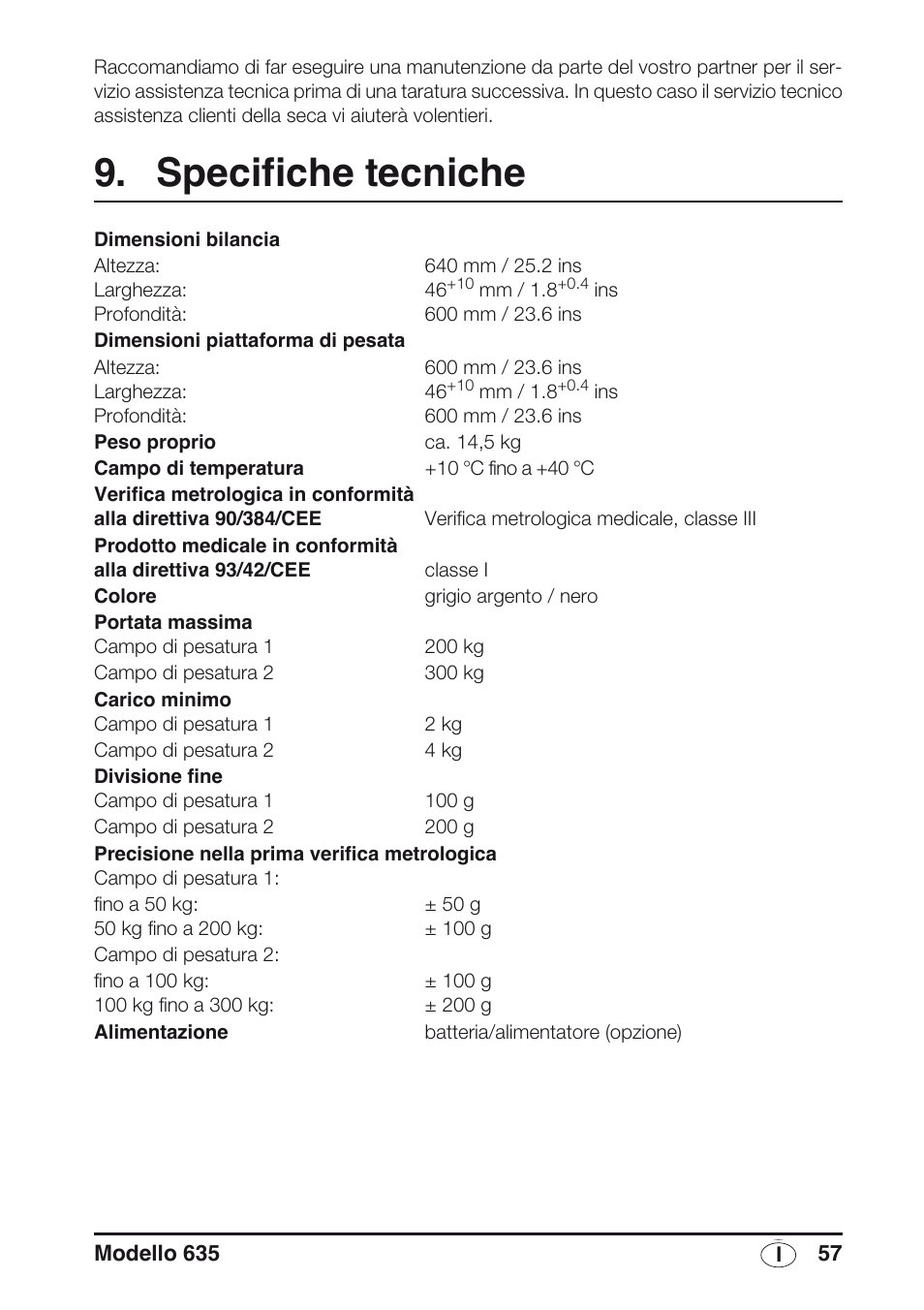 Specifiche tecniche | Seca 635 User Manual | Page 57 / 188