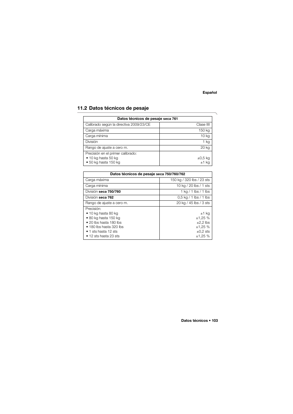 2 datos técnicos de pesaje | Seca 762 User Manual | Page 103 / 155