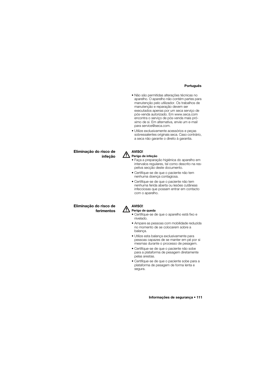 Eliminação do risco de infeção, Eliminação do risco de ferimentos | Seca 762 User Manual | Page 111 / 155