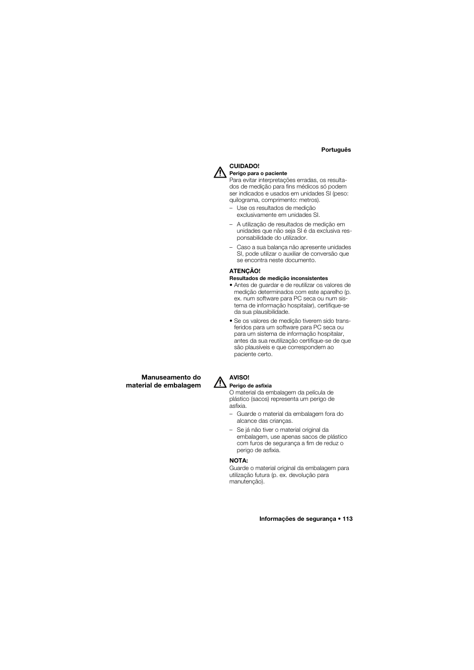 Manuseamento do material de embalagem | Seca 762 User Manual | Page 113 / 155