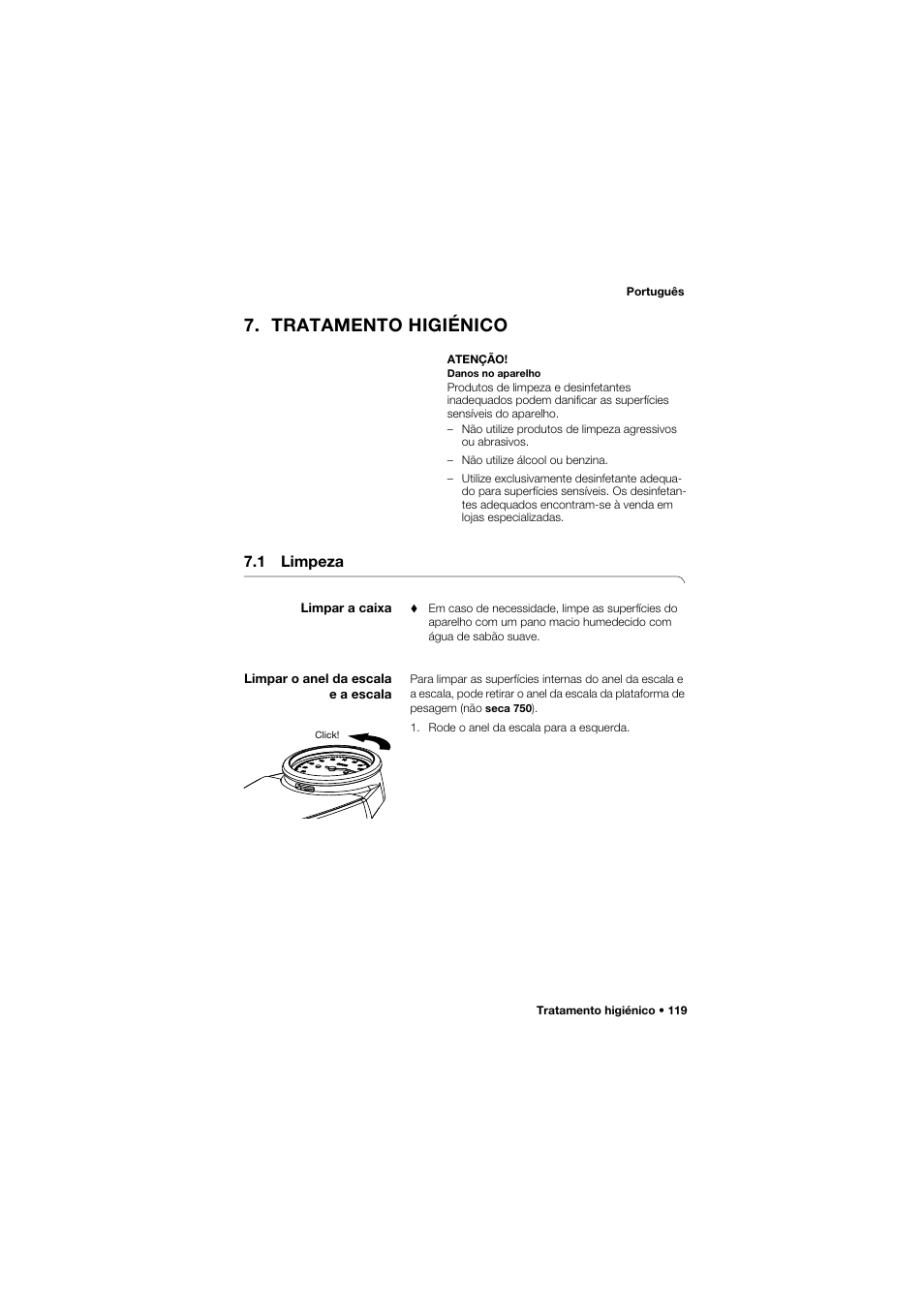 Tratamento higiénico, 1 limpeza, Limpar a caixa | Limpar o anel da escala e a escala | Seca 762 User Manual | Page 119 / 155
