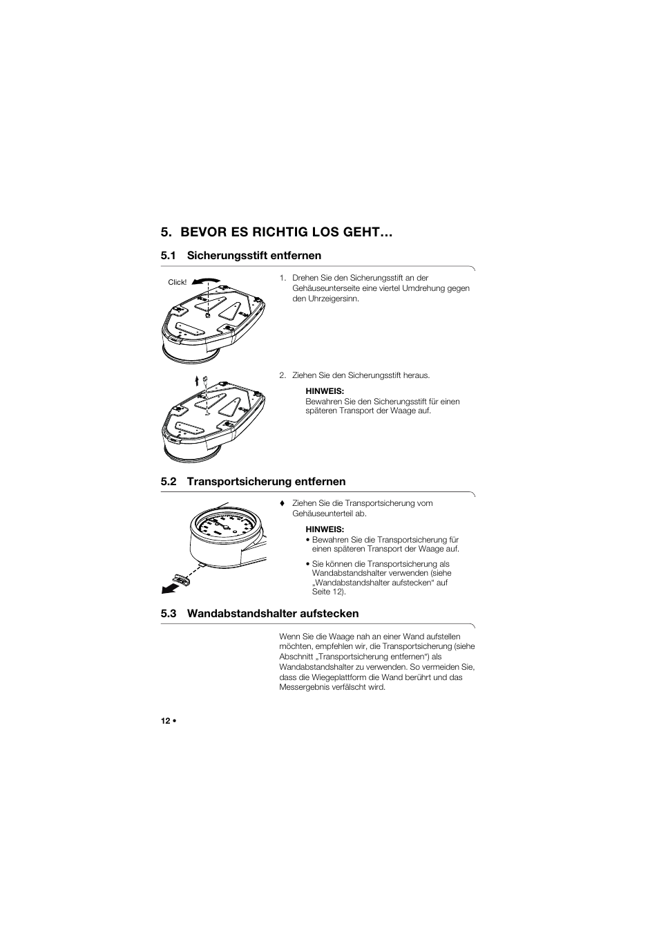 Bevor es richtig los geht, 1 sicherungsstift entfernen, 2 transportsicherung entfernen | 3 wandabstandshalter aufstecken | Seca 762 User Manual | Page 12 / 155