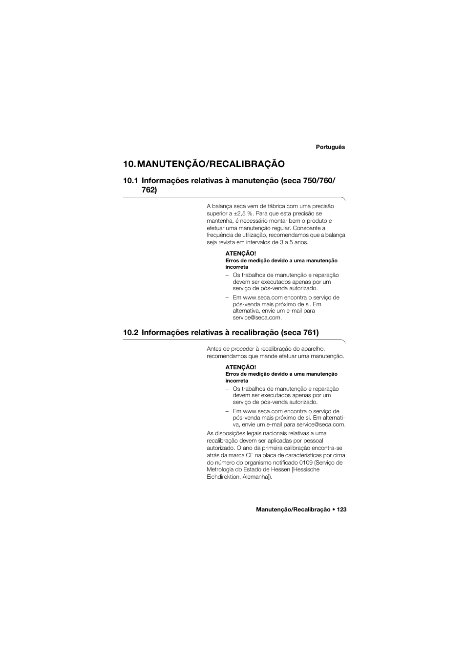 Manutenção/recalibração, 2 informações relativas à recalibração (seca 761) | Seca 762 User Manual | Page 123 / 155