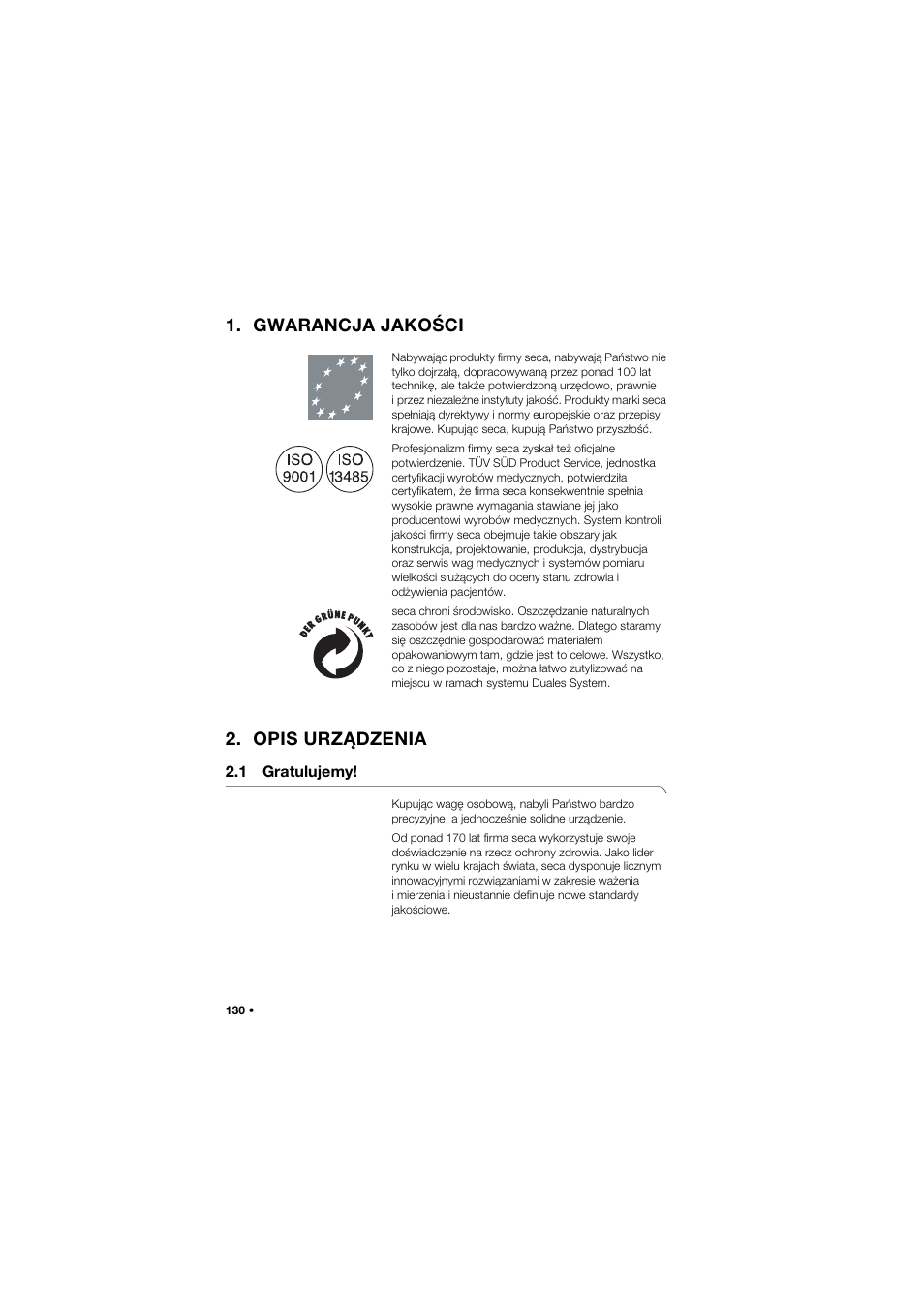 Gwarancja jakości, Opis urządzenia, 1 gratulujemy | Seca 762 User Manual | Page 130 / 155