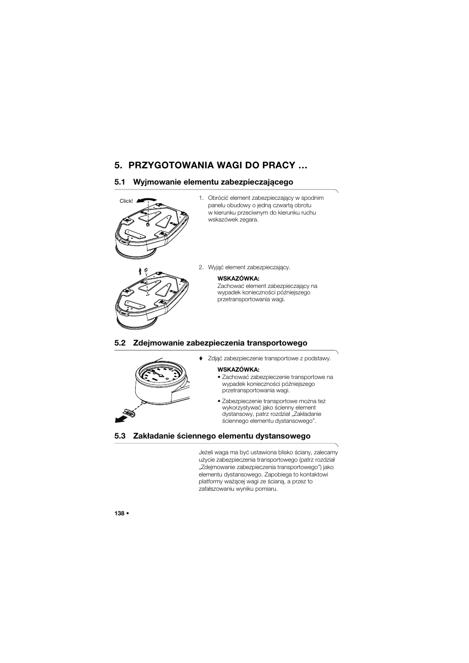 Przygotowania wagi do pracy, 1 wyjmowanie elementu zabezpieczającego, 2 zdejmowanie zabezpieczenia transportowego | 3 zakładanie ściennego elementu dystansowego | Seca 762 User Manual | Page 138 / 155