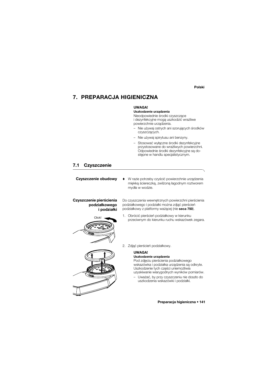 Preparacja higieniczna, 1 czyszczenie, Czyszczenie obudowy | Czyszczenie pierścienia podziałkowego i podziałki | Seca 762 User Manual | Page 141 / 155
