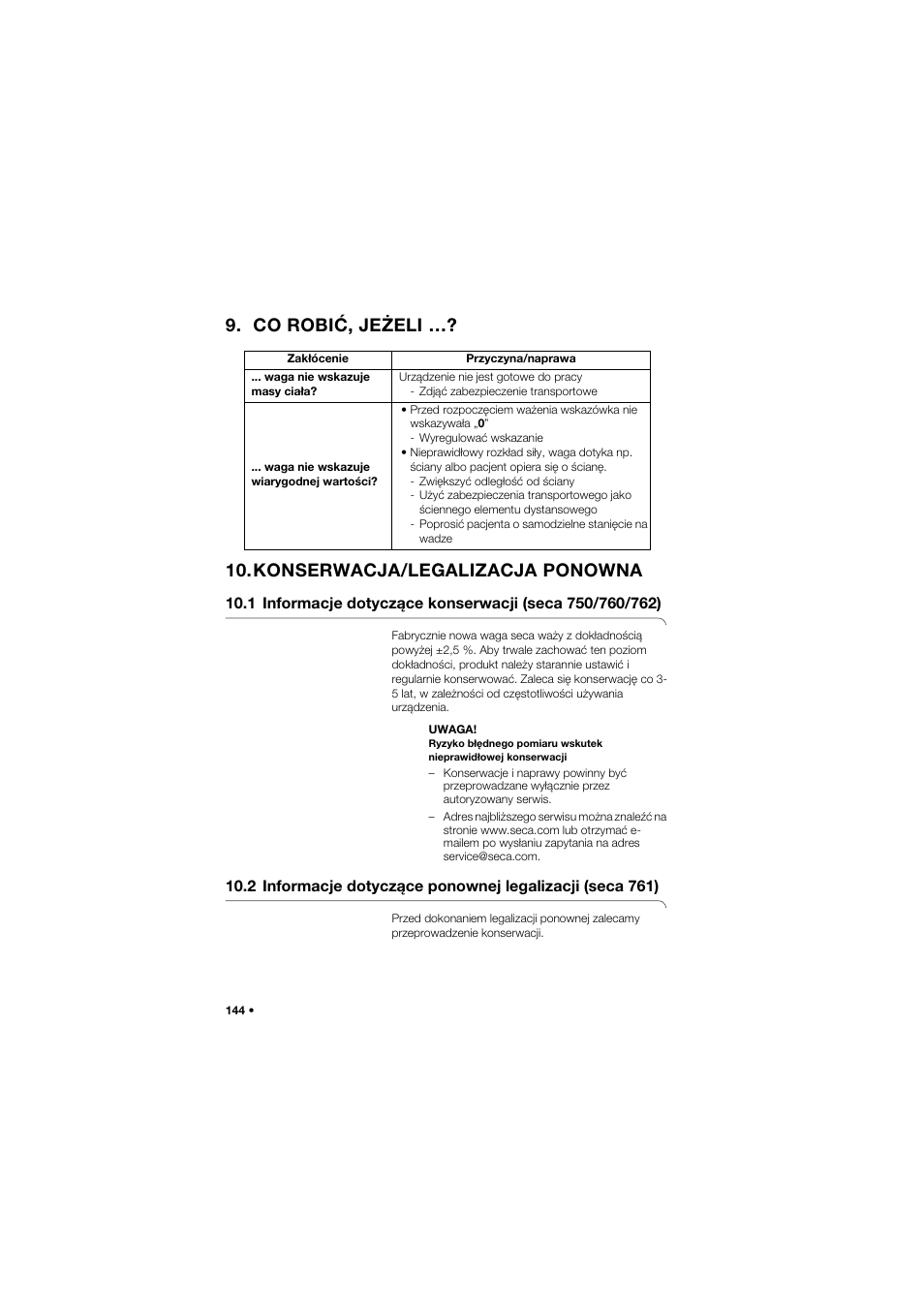 Co robić, jeżeli, Konserwacja/legalizacja ponowna | Seca 762 User Manual | Page 144 / 155