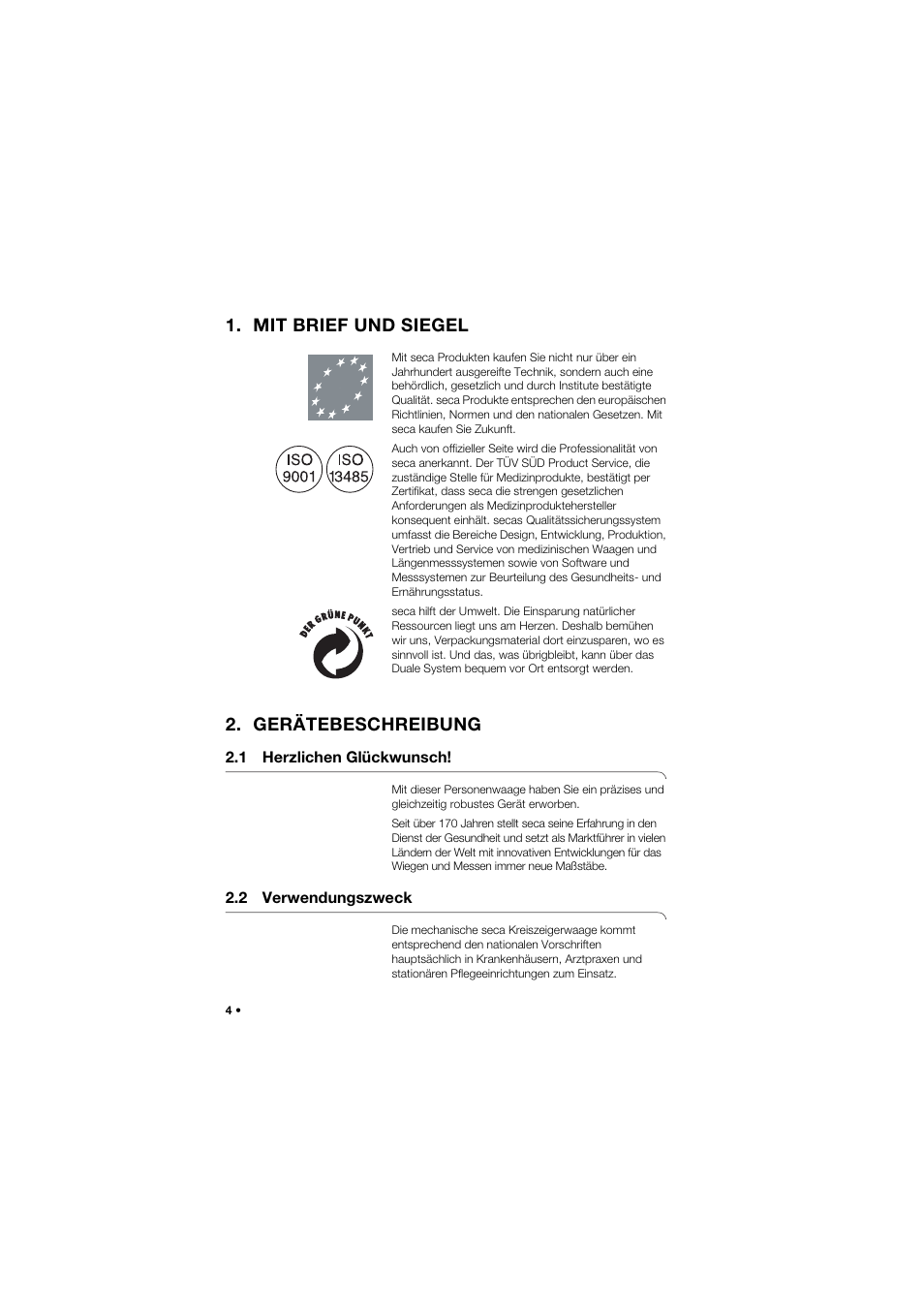 Mit brief und siegel, Gerätebeschreibung, 1 herzlichen glückwunsch | 2 verwendungszweck | Seca 762 User Manual | Page 4 / 155