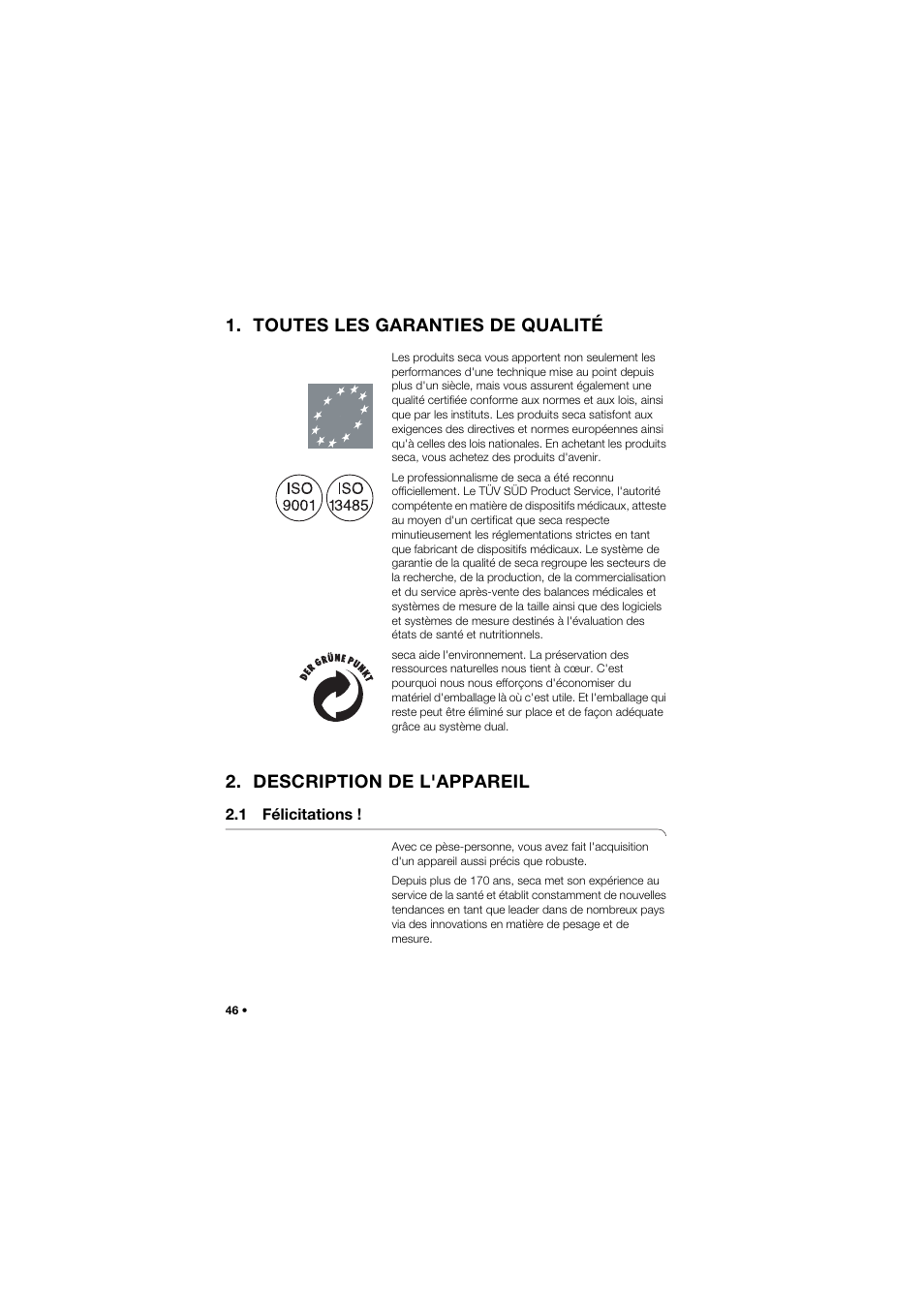 Toutes les garanties de qualité, Description de l'appareil, 1 félicitations | Seca 762 User Manual | Page 46 / 155