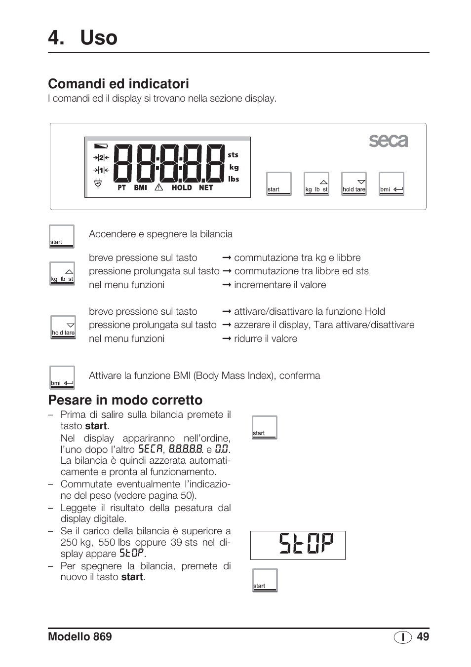 Comandi ed indicatori, Pesare in modo corretto | Seca 869 User Manual | Page 49 / 102
