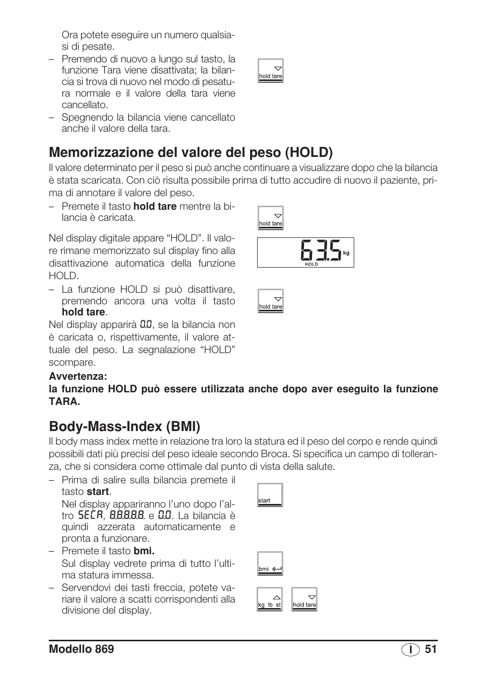 Memorizzazione del valore del peso (hold), Body-mass-index (bmi) | Seca 869 User Manual | Page 51 / 102