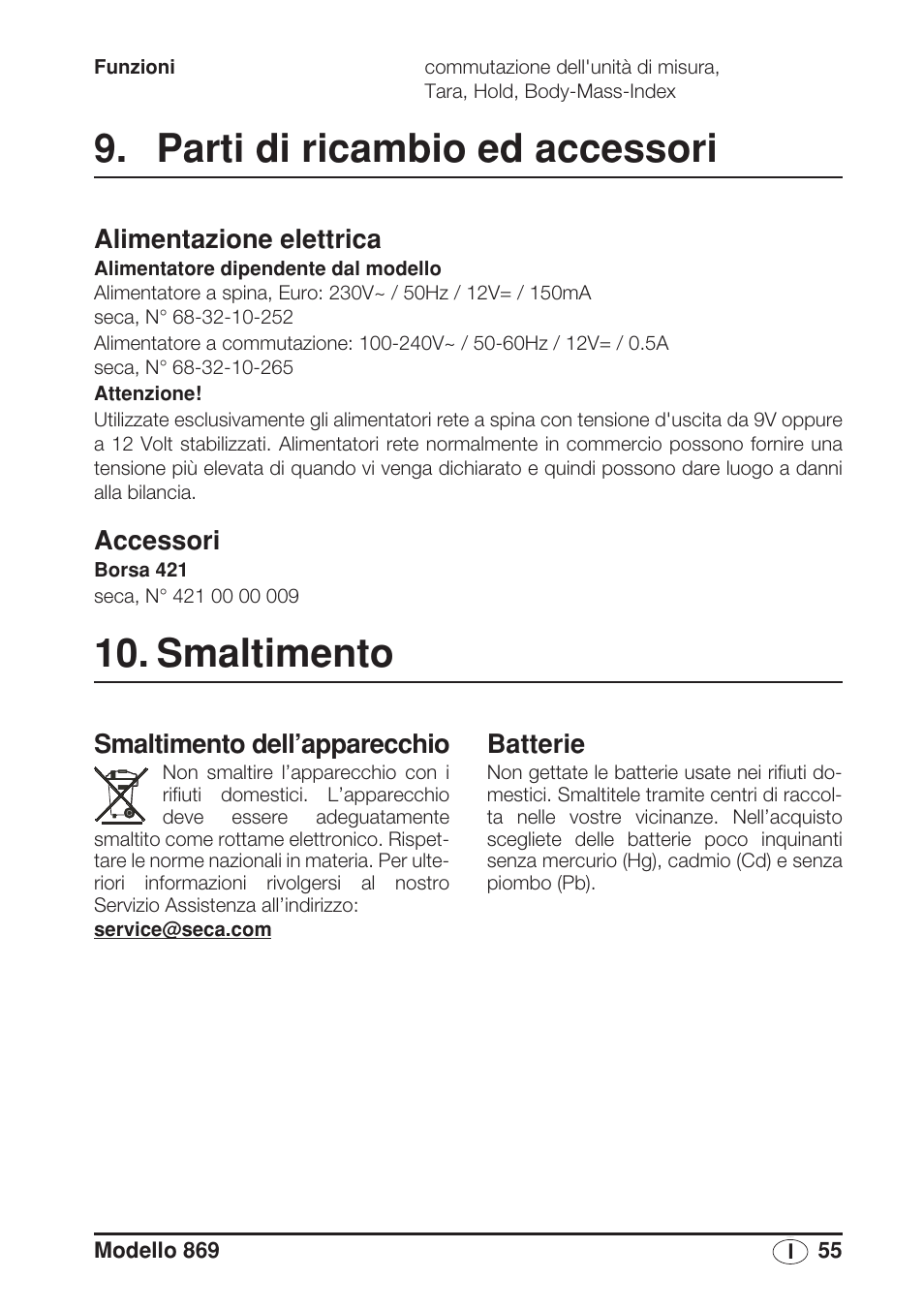 Parti di ricambio ed accessori, Alimentazione elettrica, Accessori | Smaltimento, Smaltimento dell’apparecchio, Batterie | Seca 869 User Manual | Page 55 / 102