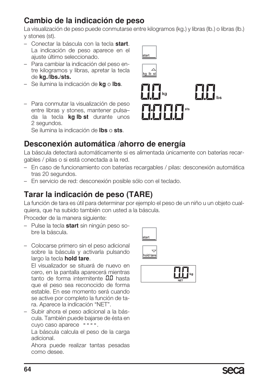 Cambio de la indicación de peso, Desconexión automática /ahorro de energía, Tarar la indicación de peso (tare) | Seca 869 User Manual | Page 64 / 102