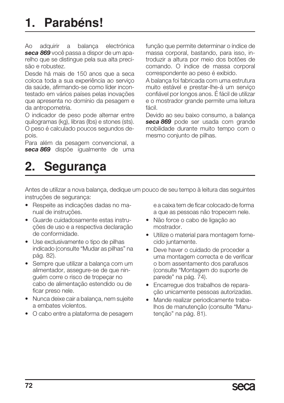 Português, Parabéns, Segurança | Seca 869 User Manual | Page 72 / 102