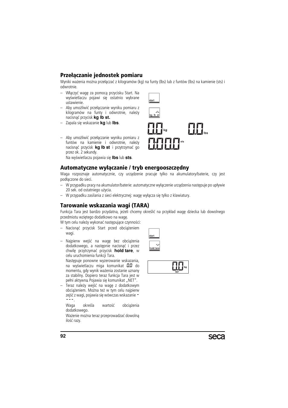 Przełączanie jednostek pomiaru, Automatyczne wyłączanie / tryb energooszczędny, Tarowanie wskazania wagi (tara) | Seca 869 User Manual | Page 92 / 102